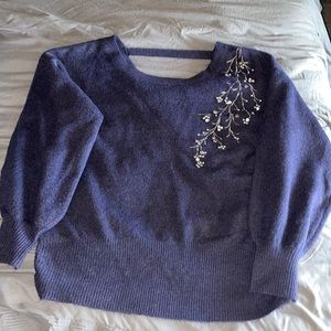 Democracy blue sweater w/ crystal detail over one shoulder